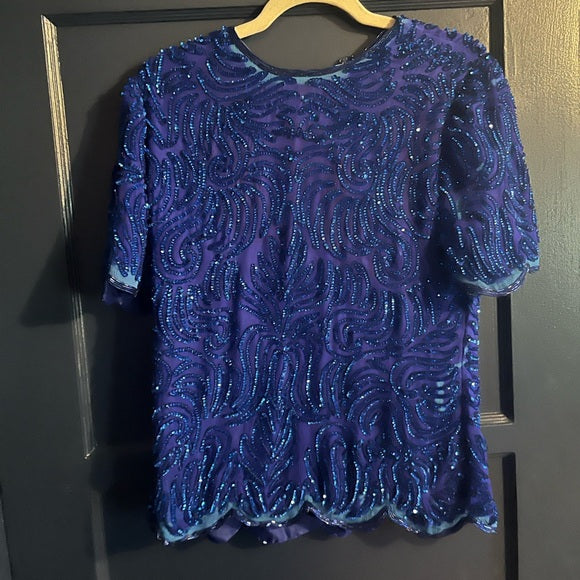 Vintage 80s 100% silk sapphire blue sequin top