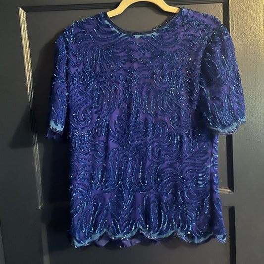 Vintage 80s 100% silk sapphire blue sequin top