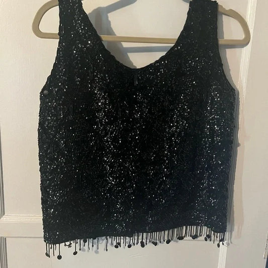 Vintage Black Sequin & Beaded Sleeveless Top