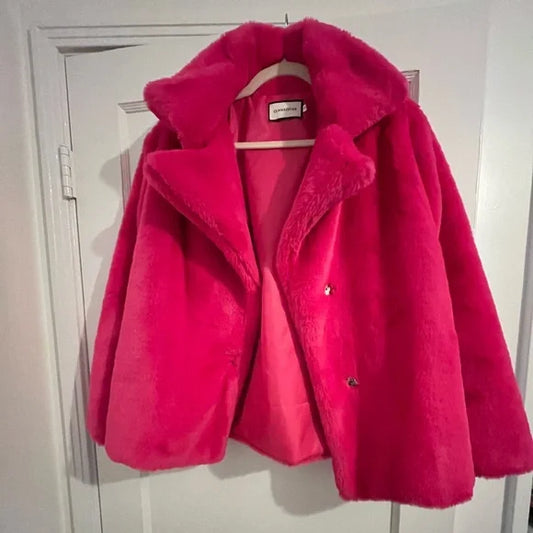 Bright Pink Faux Fur Jacket – Size Small | Bold & Fun Statement Outerwear