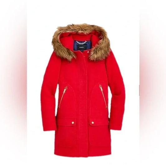 J.Crew Red Coat with Detachable Fur-Trimmed Hood – Size 0 | Chic & Versatile